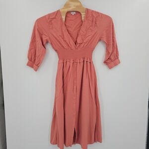 Q+A Los Angeles Womens Smocked Waist Deep V Front Midi Dress Terracotta Coral‎ M